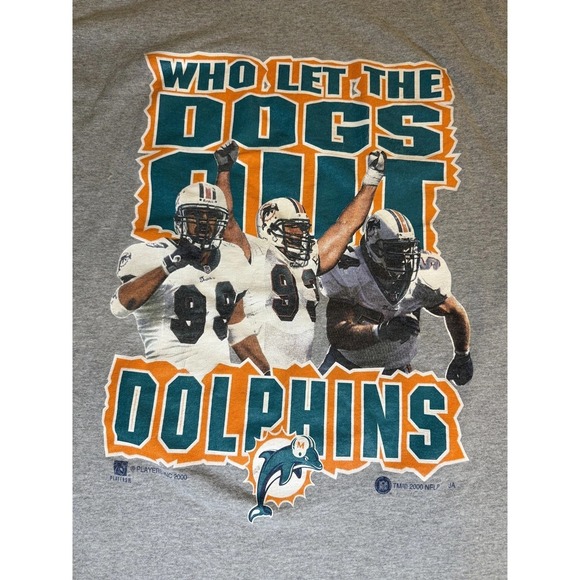 Vintage 2000 Miami Dolphins WHO LET THE DOGS OUT T-Shirt Men's Sz L NFL Football - Picture 3 of 6